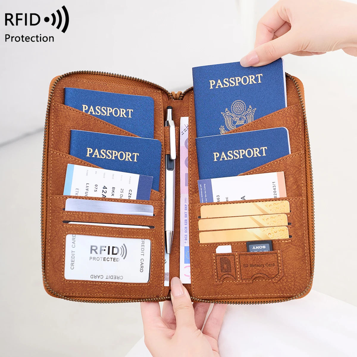RFID Passport Holder Travel Wallet – Large Capacity Zipper