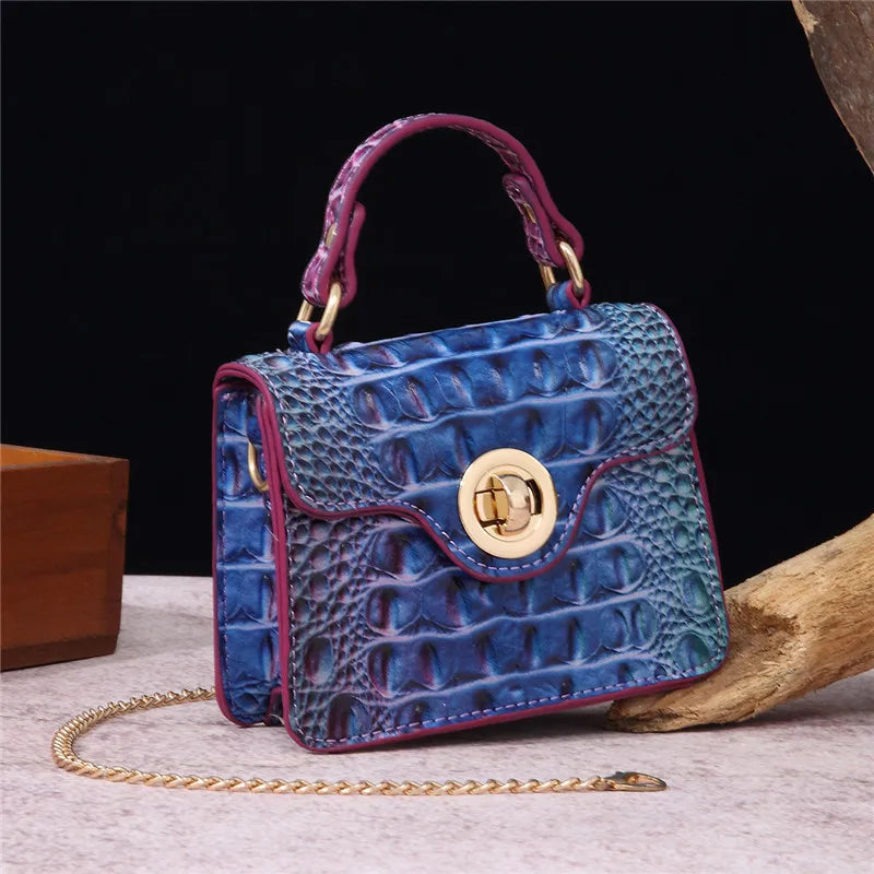Crocodile Pattern Mini Handbag with Gold Chain Strap