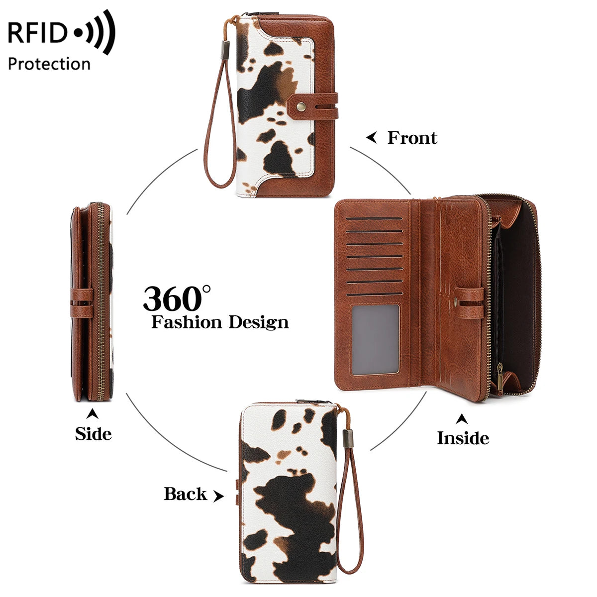 RFID Blocking Women's Long Wallet – Retro Leather Bi-Fold Clutch with Double Zipper & Wrist Strap