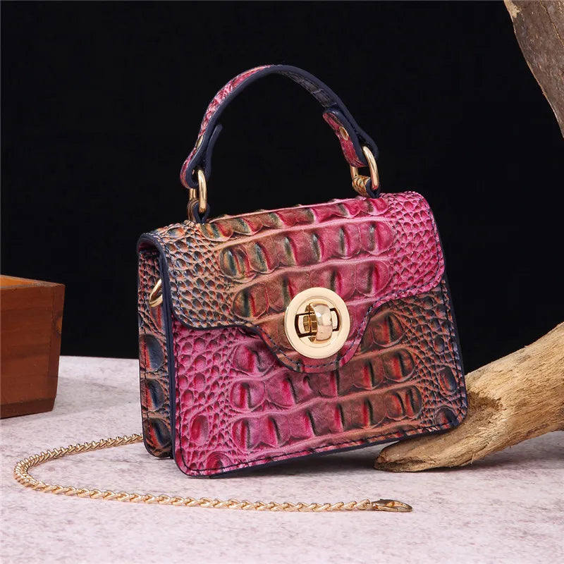 Crocodile Pattern Mini Handbag with Gold Chain Strap