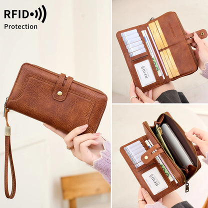 RFID Blocking Women's Long Wallet – Retro Leather Bi-Fold Clutch with Double Zipper & Wrist Strap