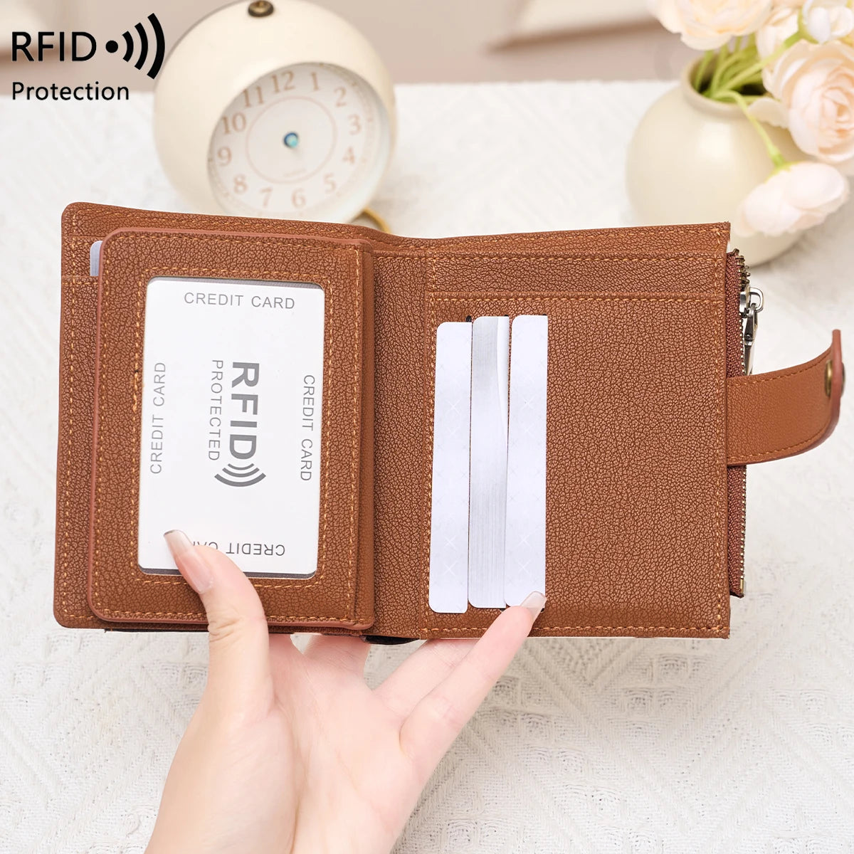 RFID Blocking Women's Trifold Wallet Short PU Leather Card Holder