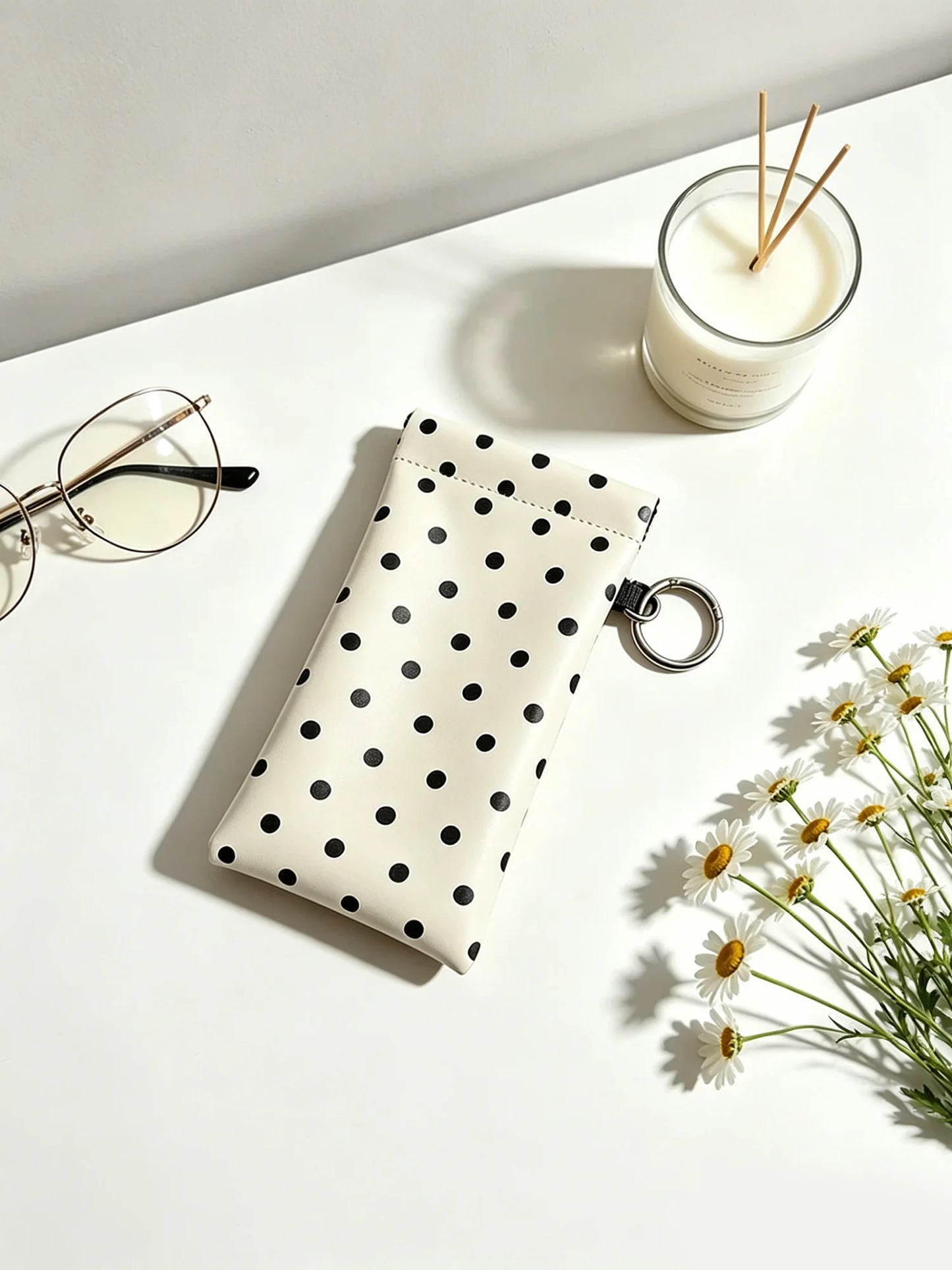 Polka Dot Glasses Pouch with Key Ring – PU Leather Eyewear Case