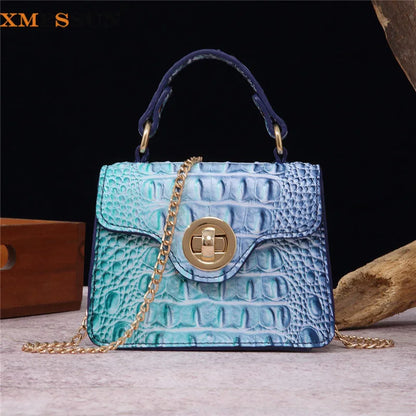 Crocodile Pattern Mini Handbag with Gold Chain Strap