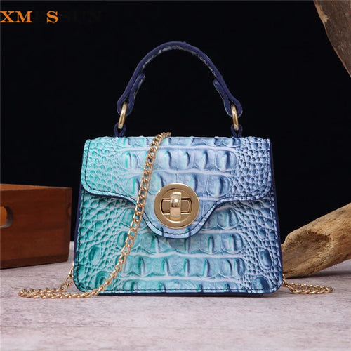 Crocodile Pattern Mini Handbag with Gold Chain Strap
