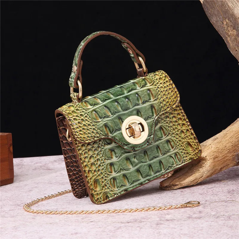 Crocodile Pattern Mini Handbag with Gold Chain Strap