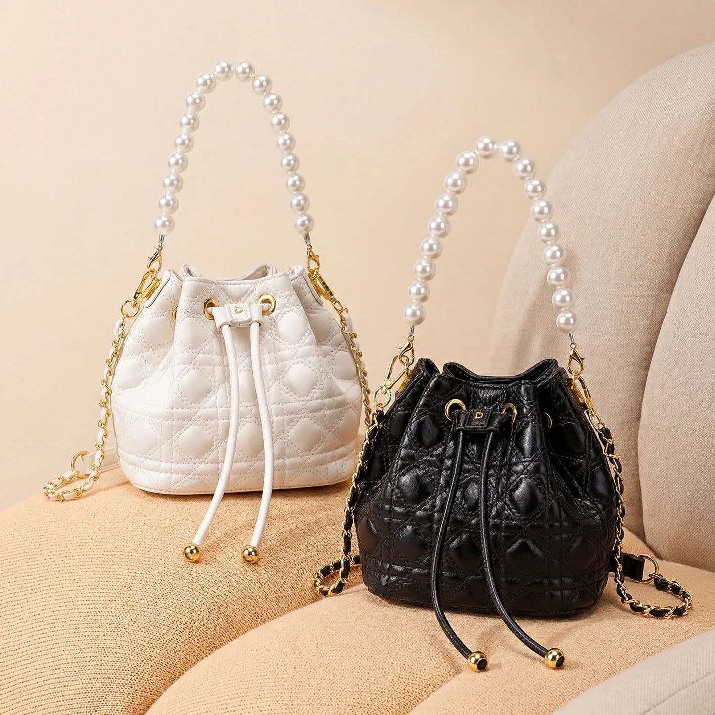 Pearl Handle Quilted Bucket Bag – Mini Crossbody Handbag for Women