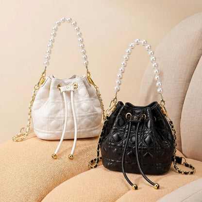 Pearl Handle Quilted Bucket Bag – Mini Crossbody Handbag for Women