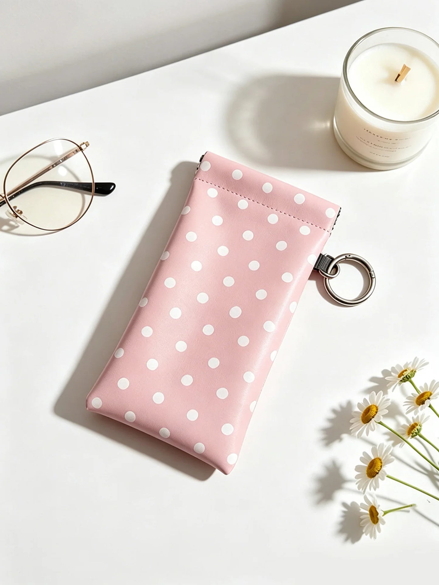 Polka Dot Glasses Pouch with Key Ring – PU Leather Eyewear Case