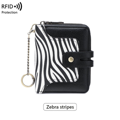RFID Blocking Short Wallet for Women – Animal Print Coin Purse with Key Ring