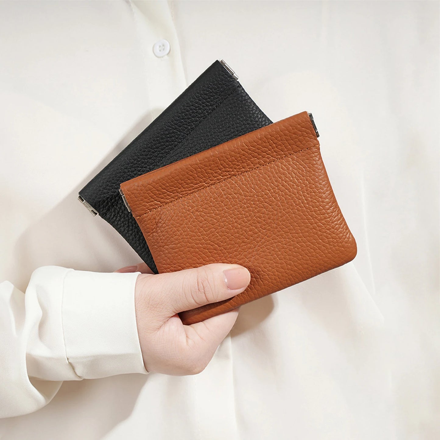Self-Closing PU Leather Long Wallet Women Squeeze Coin Purse