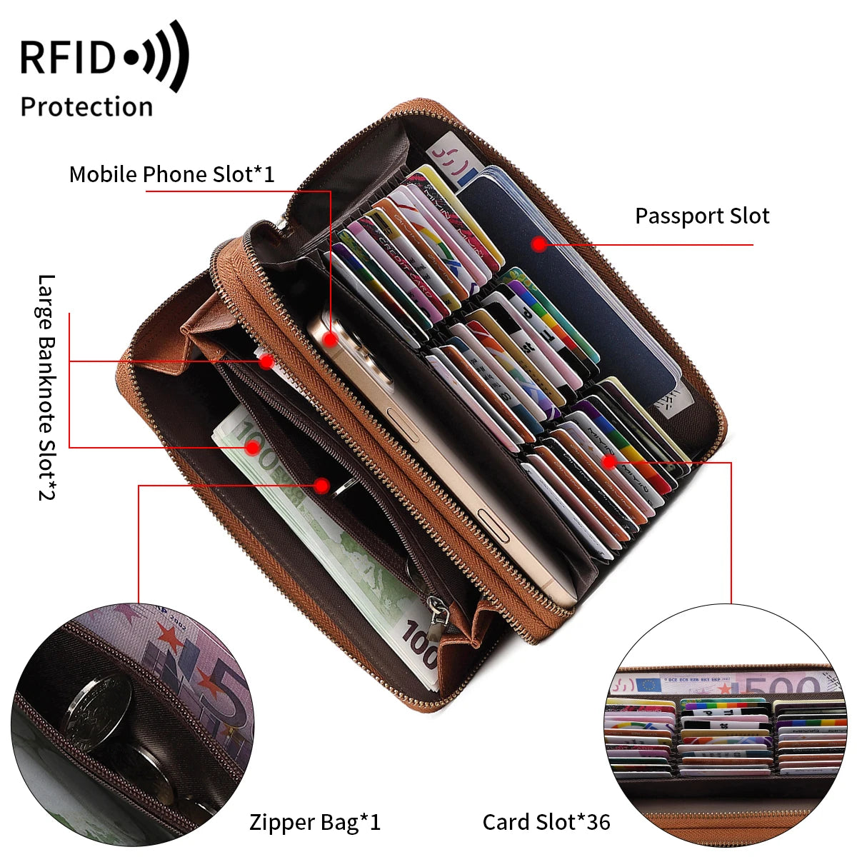 RFID Blocking Women's Wallet Double Zipper Large Capacity Clutch