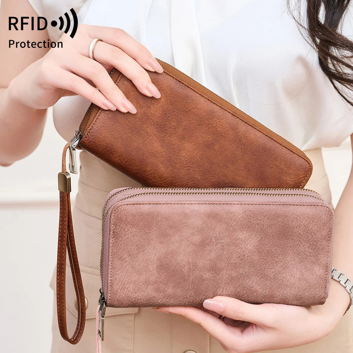 RFID Blocking Women's Wallet Double Zipper Large Capacity Clutch