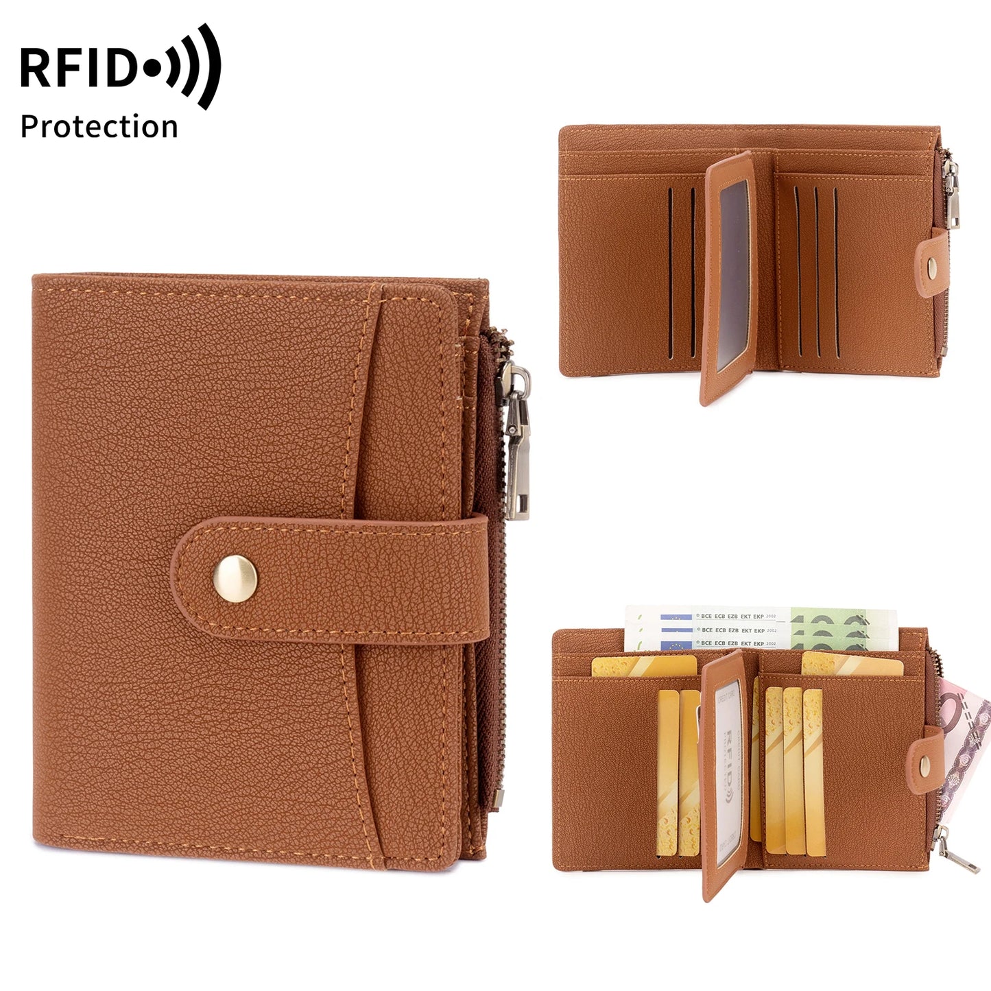 RFID Blocking Women's Trifold Wallet Short PU Leather Card Holder