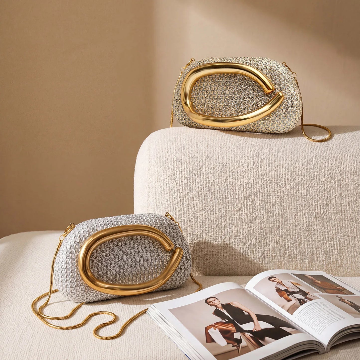 Crystal Evening Bag – Women's Sparkling Diamond Clutch with Gold Chain Shoulder Strap