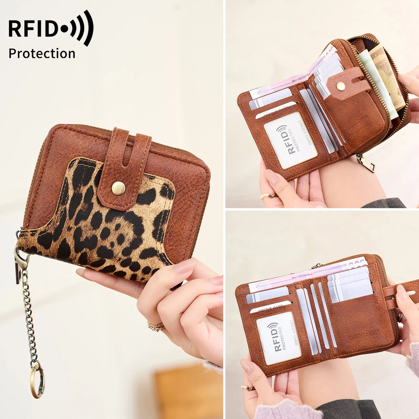 RFID Blocking Short Wallet for Women – Animal Print Coin Purse with Key Ring