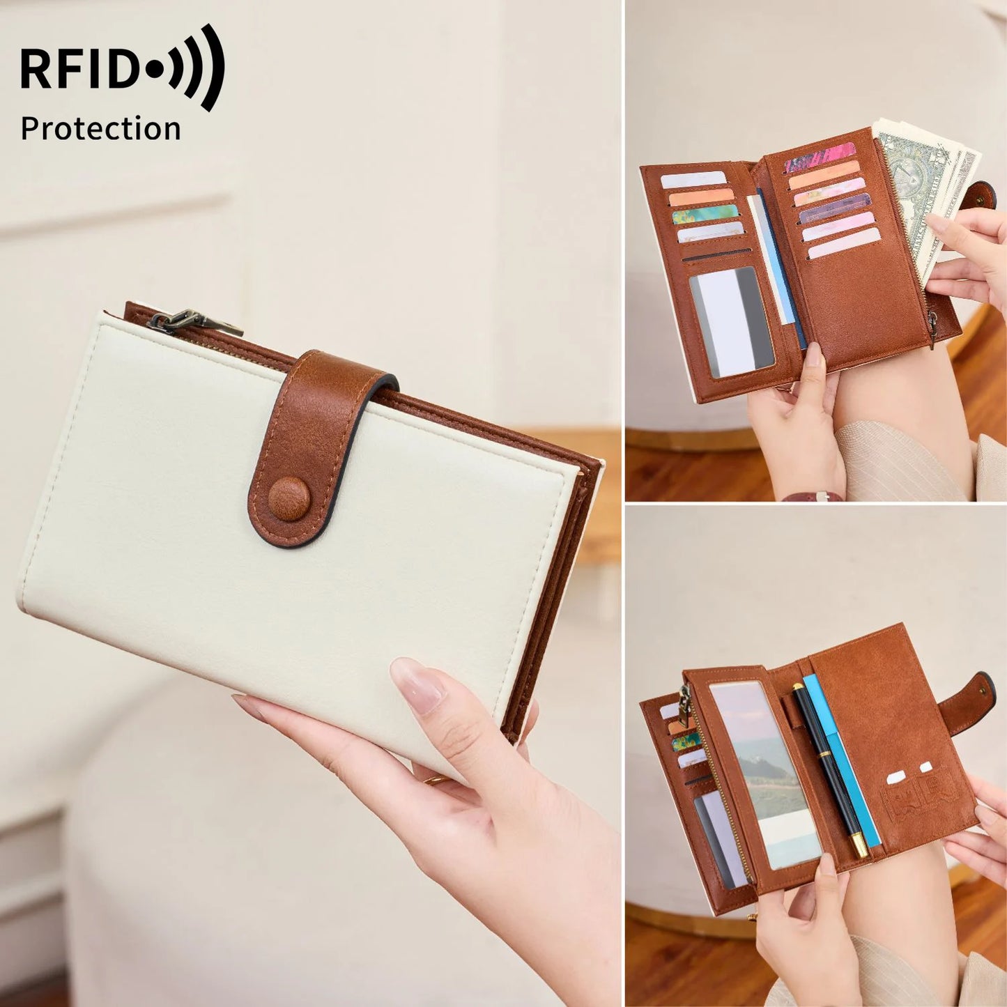 RFID Blocking Women's Trifold Leather Clutch Wallet
