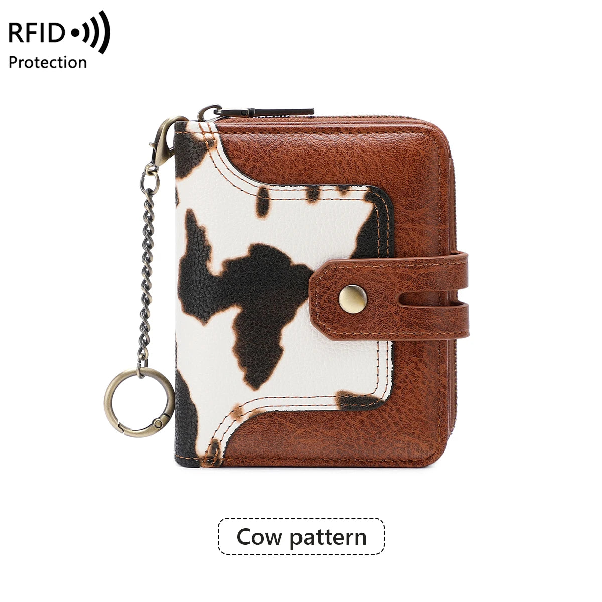 RFID Retro Animal Print Short Wallet for Women – Zipper Coin Purse with Key Chain
