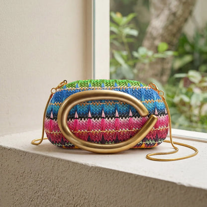 Woven Clutch Bag – Women's Colorful Evening Bag with Gold Metal Buckle