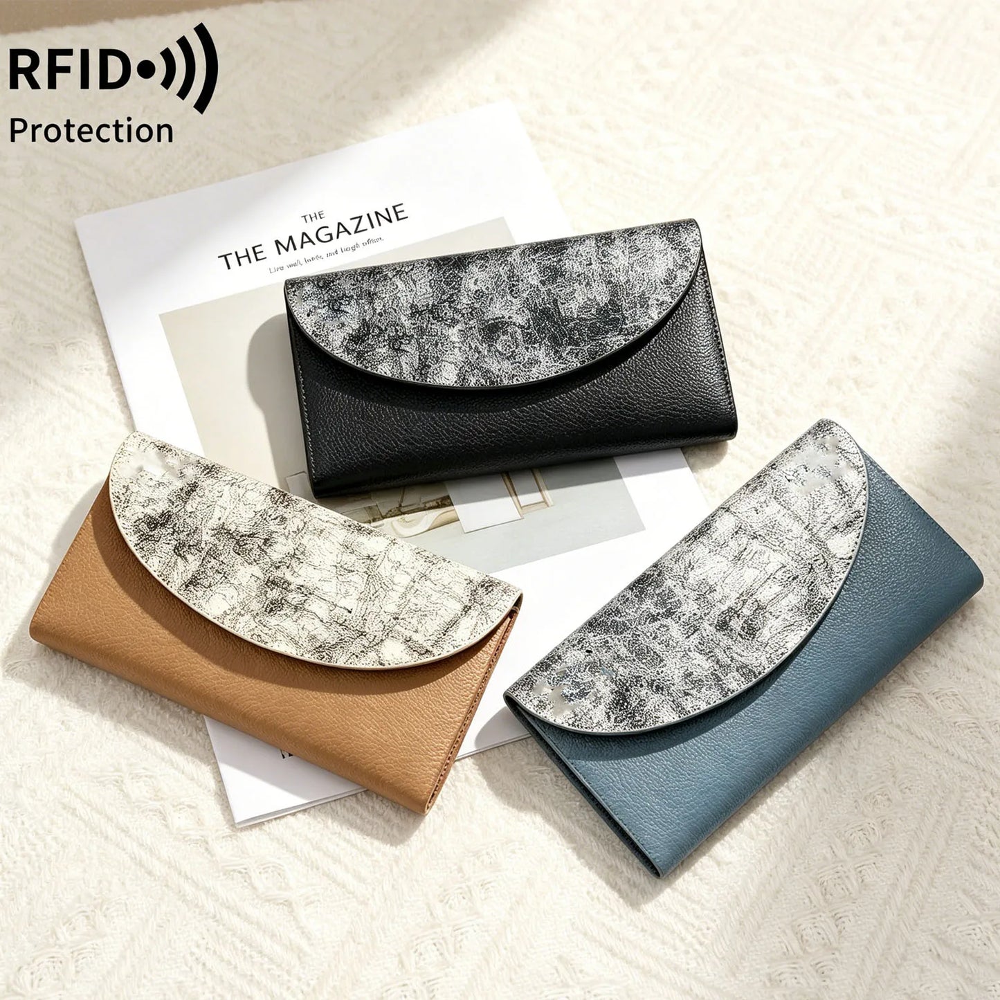 RFID Blocking Women's Wallet – Contrast Color Lychee Pattern Double Zipper Purse
