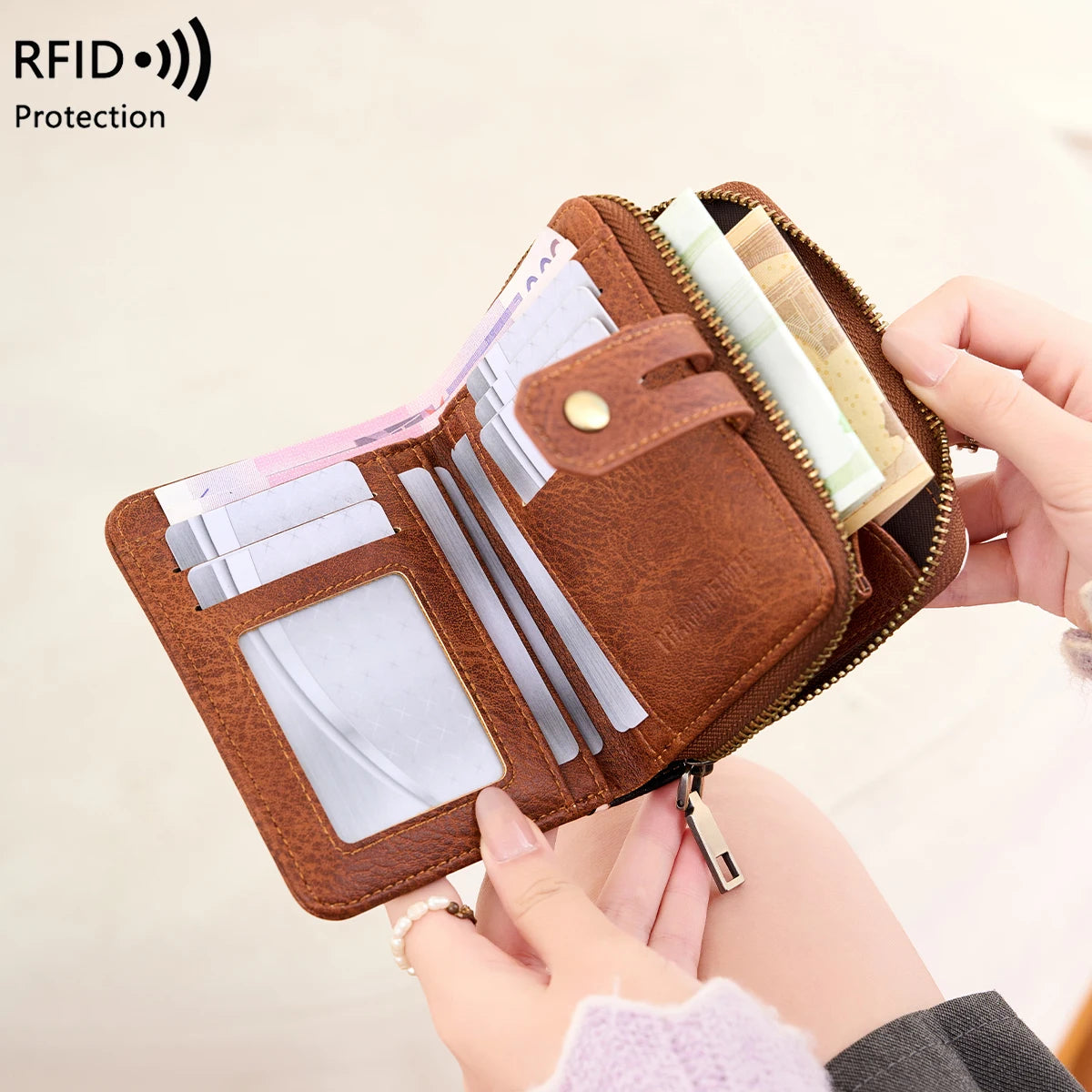 RFID Retro Animal Print Short Wallet for Women – Zipper Coin Purse with Key Chain