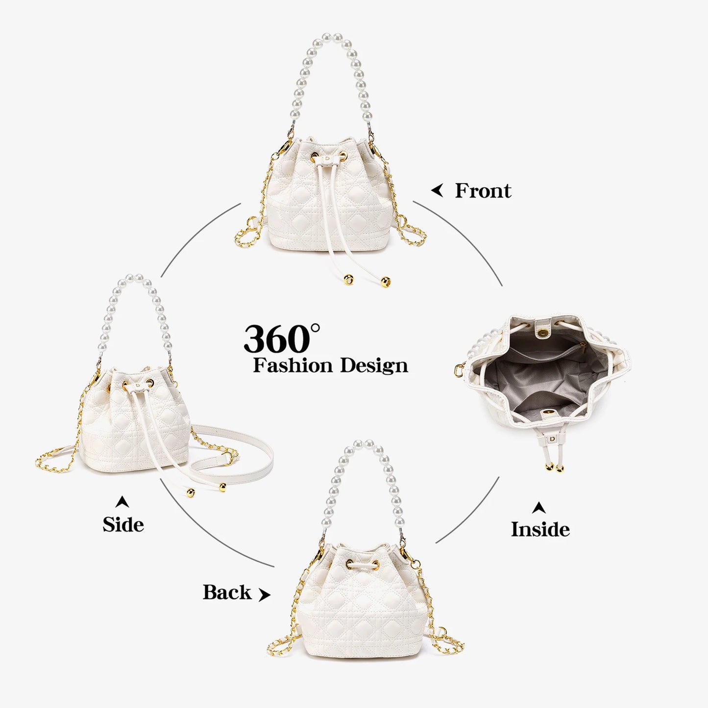 Pearl Handle Quilted Bucket Bag – Mini Crossbody Handbag for Women
