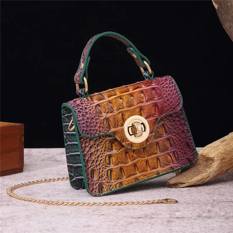 Crocodile Pattern Mini Handbag with Gold Chain Strap