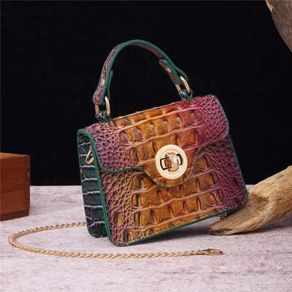 Crocodile Pattern Mini Handbag with Gold Chain Strap