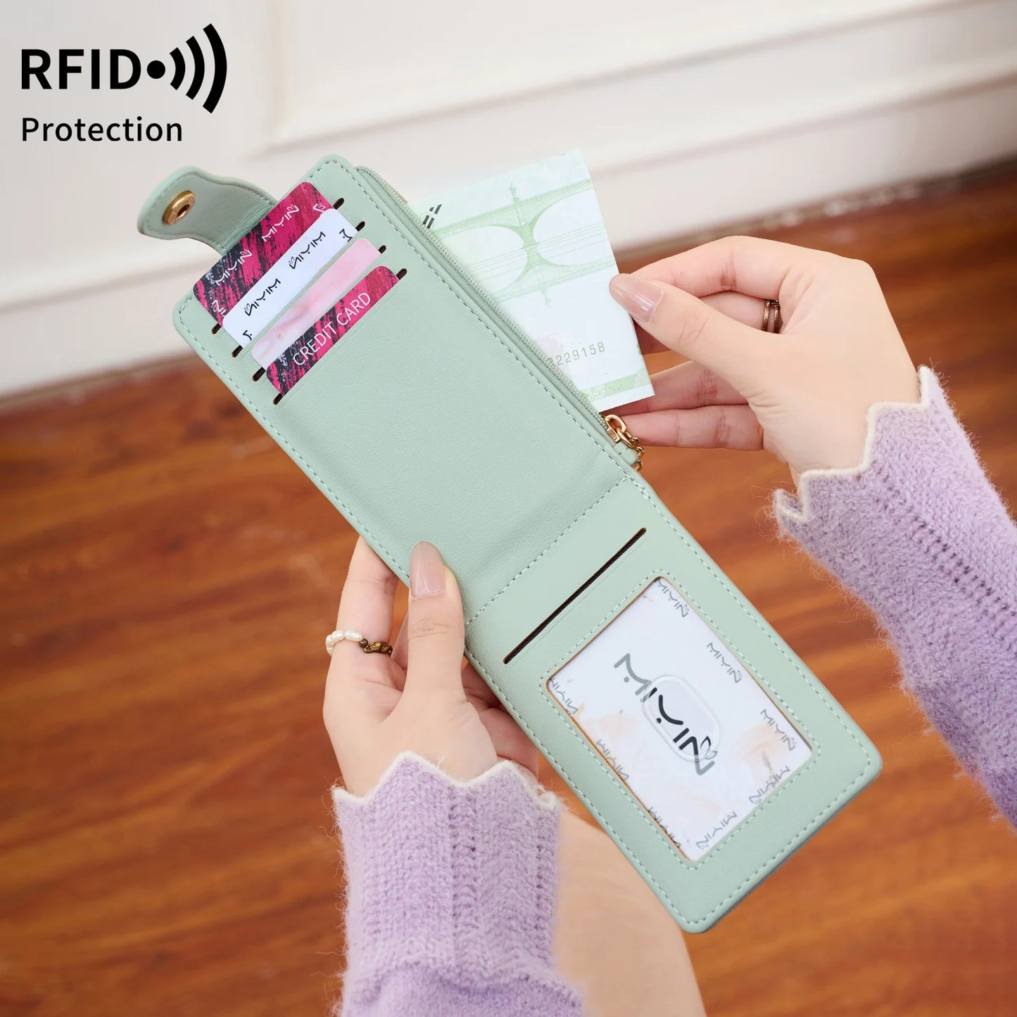 RFID Blocking Women's Mini Wallet with Card Slots & Keychain