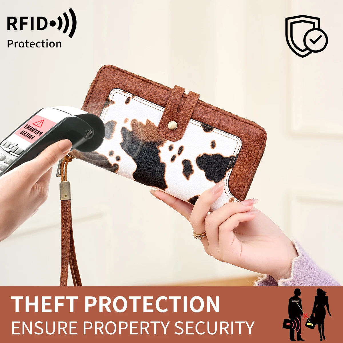 RFID Blocking Women's Long Wallet – Retro Leather Bi-Fold Clutch with Double Zipper & Wrist Strap