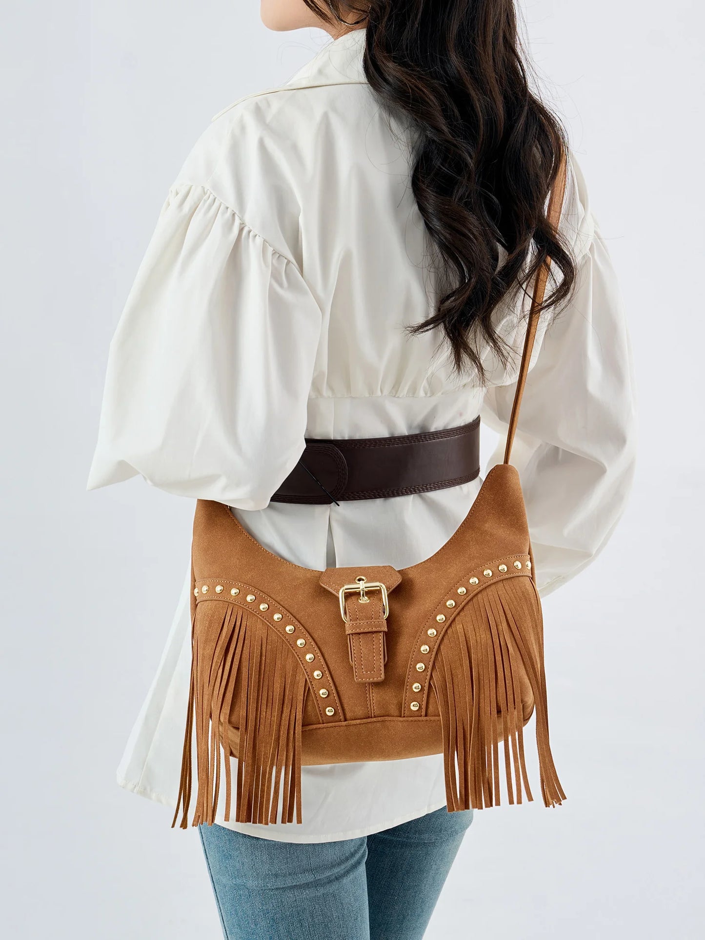Fringe Shoulder Bag – Women's Studded Boho Crossbody Hobo