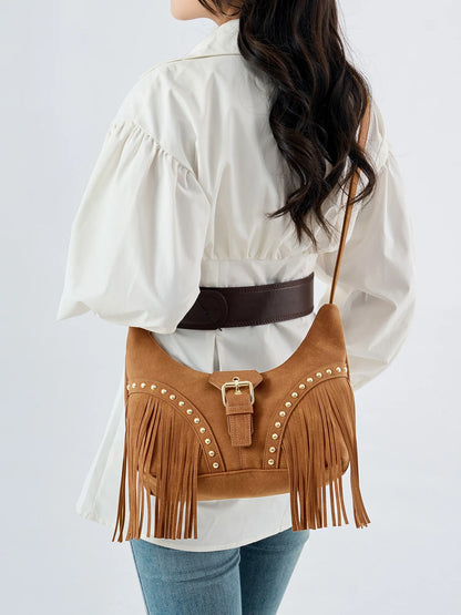 Fringe Shoulder Bag – Women's Studded Boho Crossbody Hobo