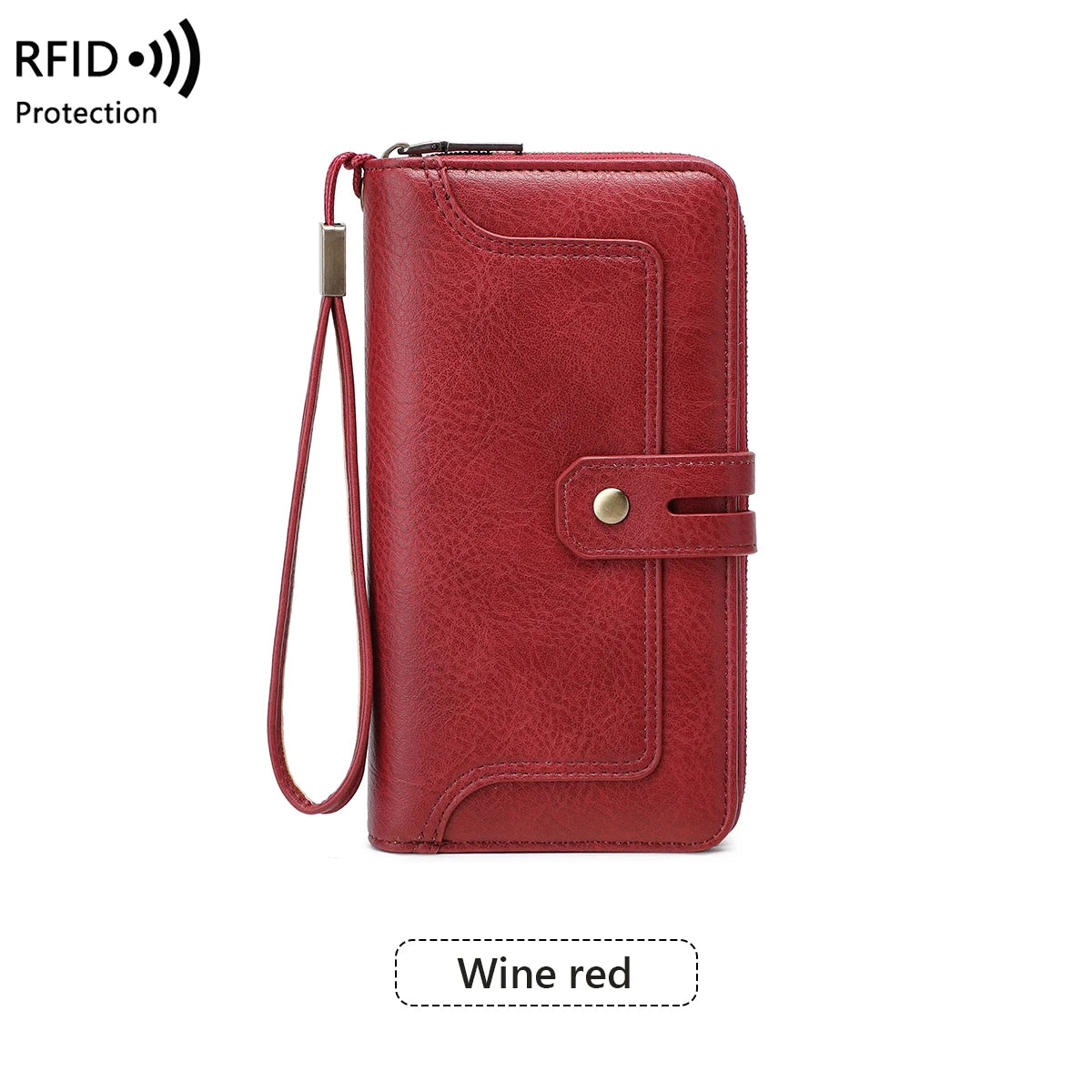 RFID Blocking Women's Long Wallet – Retro Leather Bi-Fold Clutch with Double Zipper & Wrist Strap