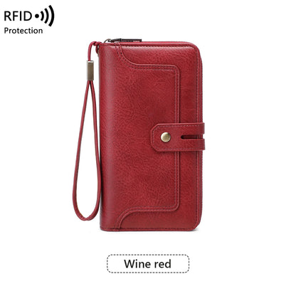 RFID Blocking Women's Long Wallet – Retro Leather Bi-Fold Clutch with Double Zipper & Wrist Strap