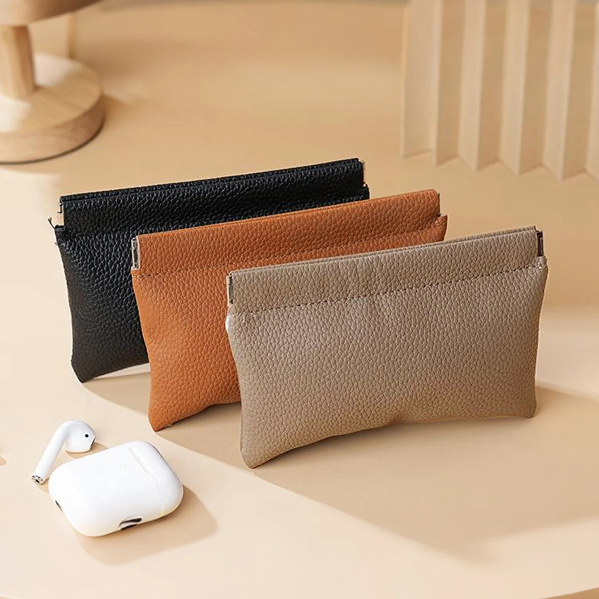 Self-Closing PU Leather Long Wallet Women Squeeze Coin Purse