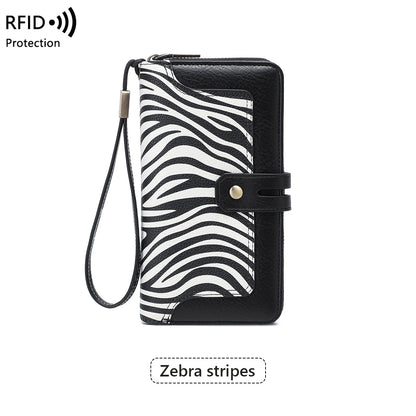 RFID Blocking Women's Long Wallet – Retro Leather Bi-Fold Clutch with Double Zipper & Wrist Strap