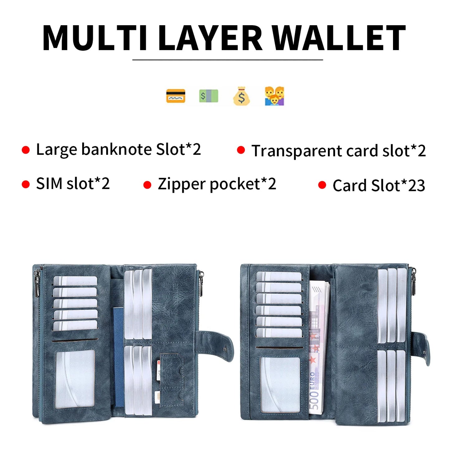 RFID Blocking Women's Long Wallet – Multi-Card Slot Double Zipper Clutch