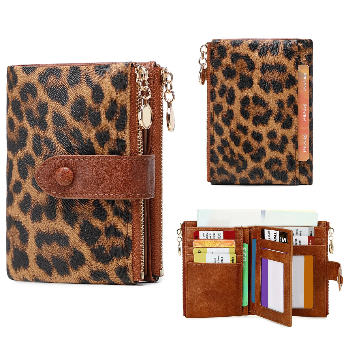 Leopard Print Women's Wallet – Triple Layer Card Holder & Double Zipper Coin Purse