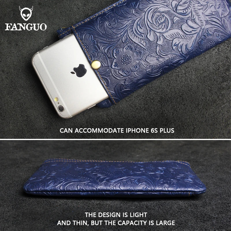 Genuine Leather Long Wallet for Women – Floral Embossed Clutch Purse
