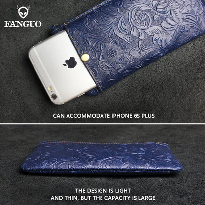 Genuine Leather Long Wallet for Women – Floral Embossed Clutch Purse