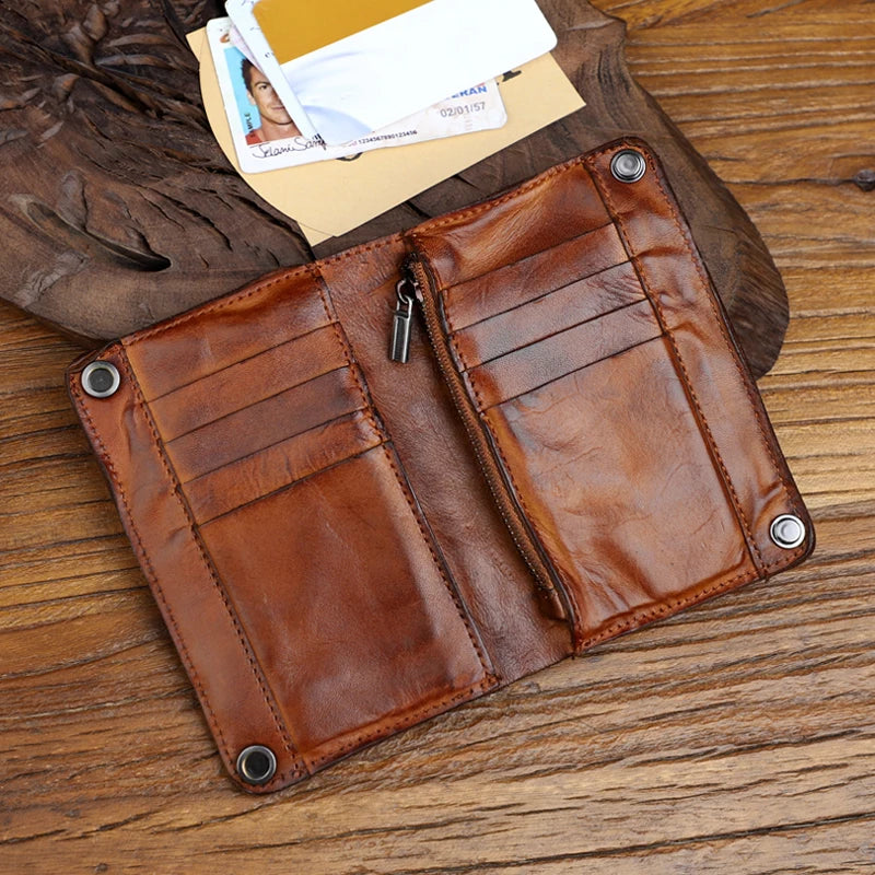 Genuine Leather Men's Bifold Wallet – Handmade Retro Snap Closure