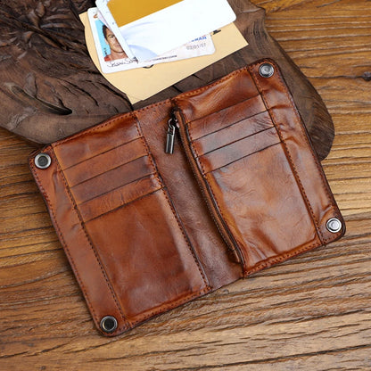 Genuine Leather Men's Bifold Wallet – Handmade Retro Snap Closure