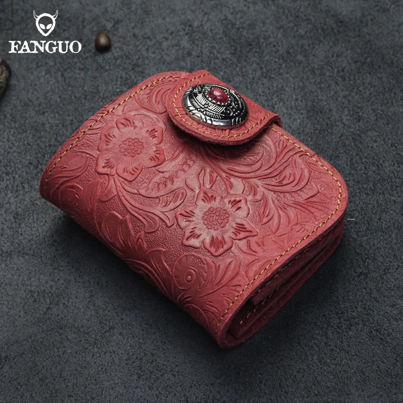Handmade Genuine Leather Short Wallet – Floral Embossed Men's Bifold