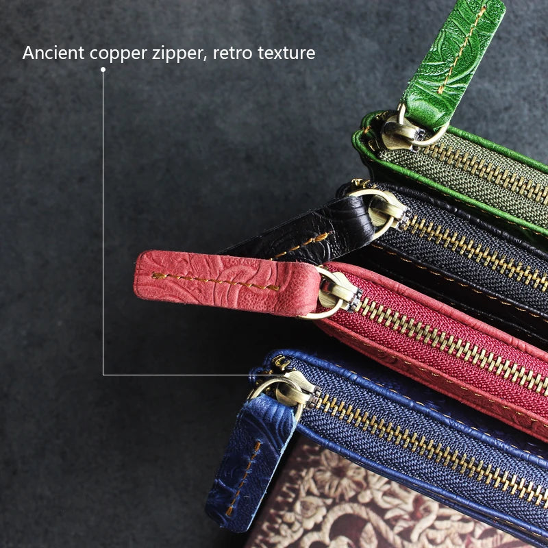 Genuine Leather Long Wallet for Women – Floral Embossed Clutch Purse
