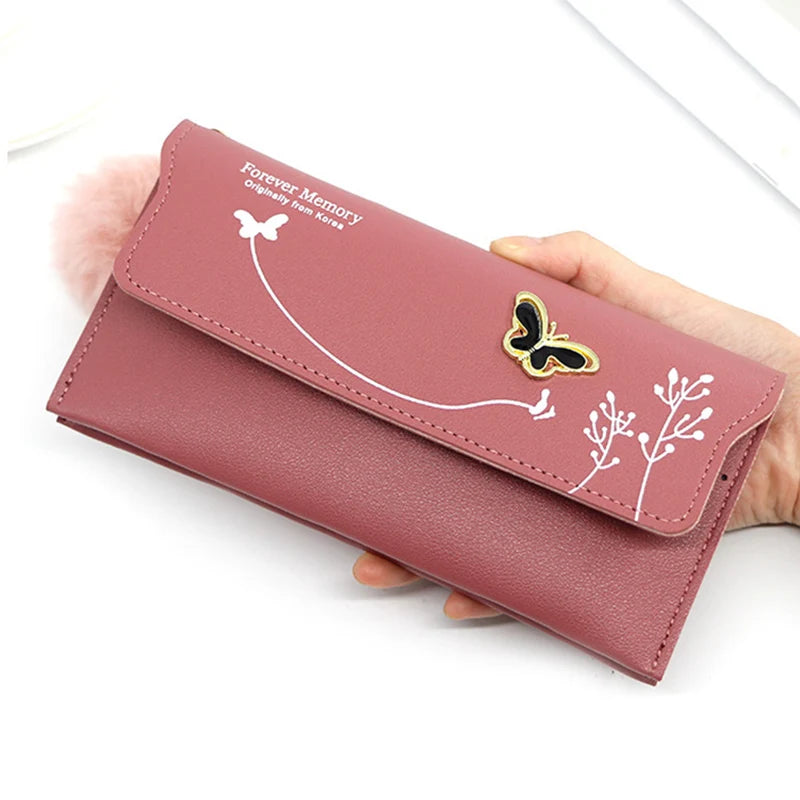 Women's Long Wallet – Butterfly PU Leather Purse with Pom-Pom