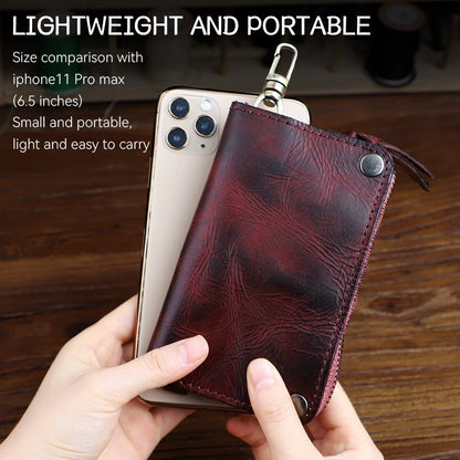 Men's Retro Leather Key Wallet with Card Slots & Zipper Coin Purse