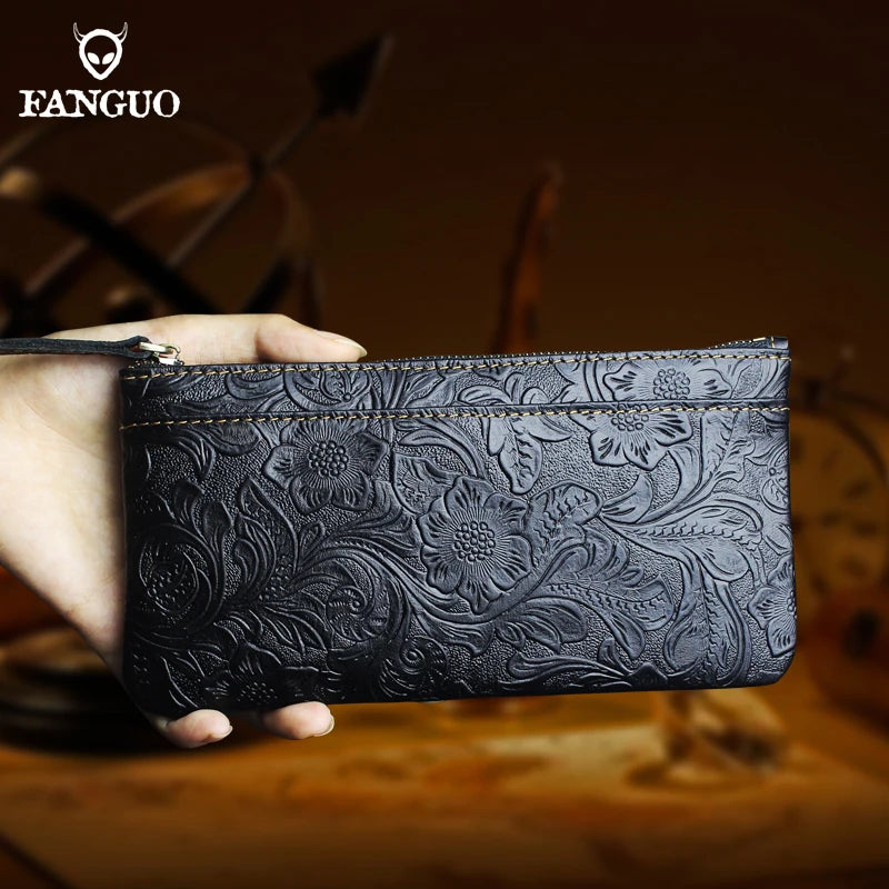 Genuine Leather Long Wallet for Women – Floral Embossed Clutch Purse