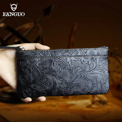 Genuine Leather Long Wallet for Women – Floral Embossed Clutch Purse