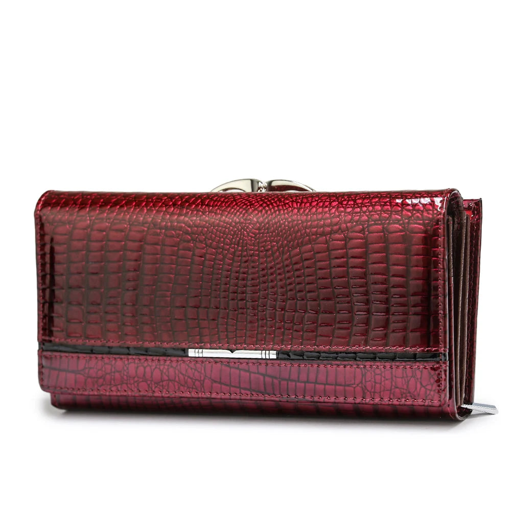 Alligator Pattern Genuine Leather Long Wallet for Women – Card & Coin Holder