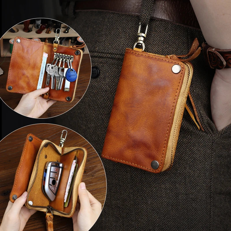 Men's Retro Leather Key Wallet with Card Slots & Zipper Coin Purse